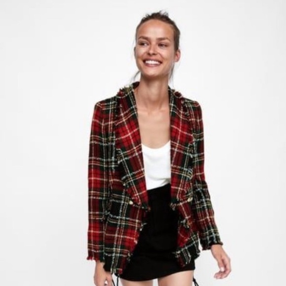 zara tweed jacket red